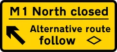 Junction ahead leading to a temporary diversion route, follow symbolic route — UK road sign