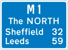 Route number of the motorway with destinations and distances to places along or reached from that route — UK road sign