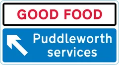 Direction to a named service area and showing the name of the operator — UK road sign