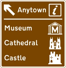 Motorway junction ahead leading to a town or geographical area containing several tourist attractions and a Tourist Information Point or Centre — UK road sign