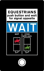 Instructions to horse riders above the push button control for an equestrian traffic crossing — UK road sign