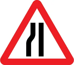 Road narrows on left ahead — UK road sign