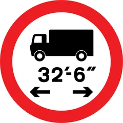 Vehicles exceeding 32'-6'' in length indicated prohibited — UK road sign
