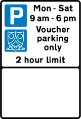 Parking place reserved for voucher parking during the period indicated — UK road sign