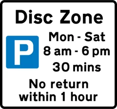 Disc zone parking place where the waiting period is limited and display of a disc is required — UK road sign