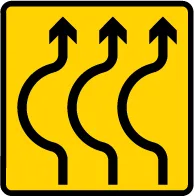 Sharp bends ahead where traffic is diverted onto a temporary road for a short distance — UK road sign