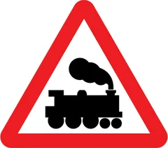 Railway level crossing without gate or barrier ahead — UK road sign