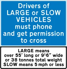 Drivers of large or slow vehicles must stop and telephone before using an automatic railway or tramway crossing — UK road sign