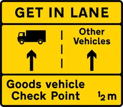 Goods vehicles should get into the left lane to attend a goods vehicle check point ahead — UK road sign