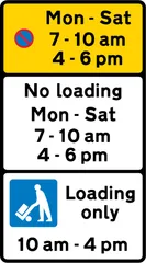 Bay reserved for loading and unloading by goods vehicles during the period indicated, and waiting prohibited during the period indicated — UK road sign