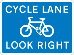 Cycle lane with traffic proceeding from right (pedestrian reminder) — UK road sign
