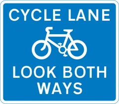 Cycle lane with traffic approaching from both ways (pedestrian reminder) — UK road sign