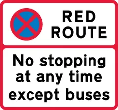 No stopping for any purpose at any time except buses — UK road sign